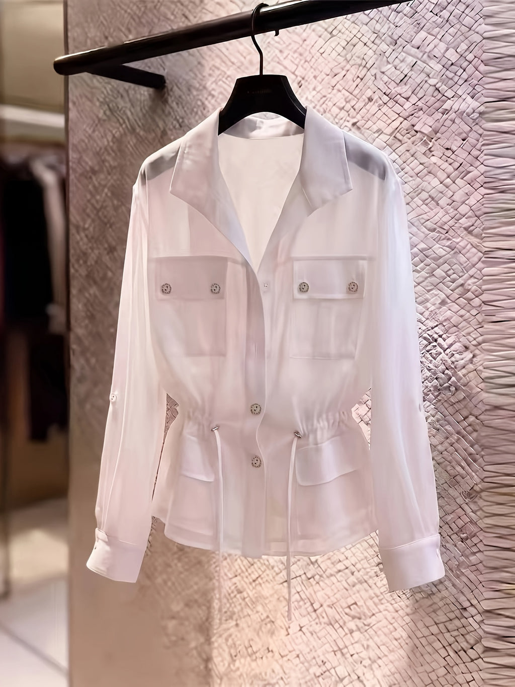 Drawstring Waist Chiffon Shirt, Lapel Collar with Cargo Pockets - White