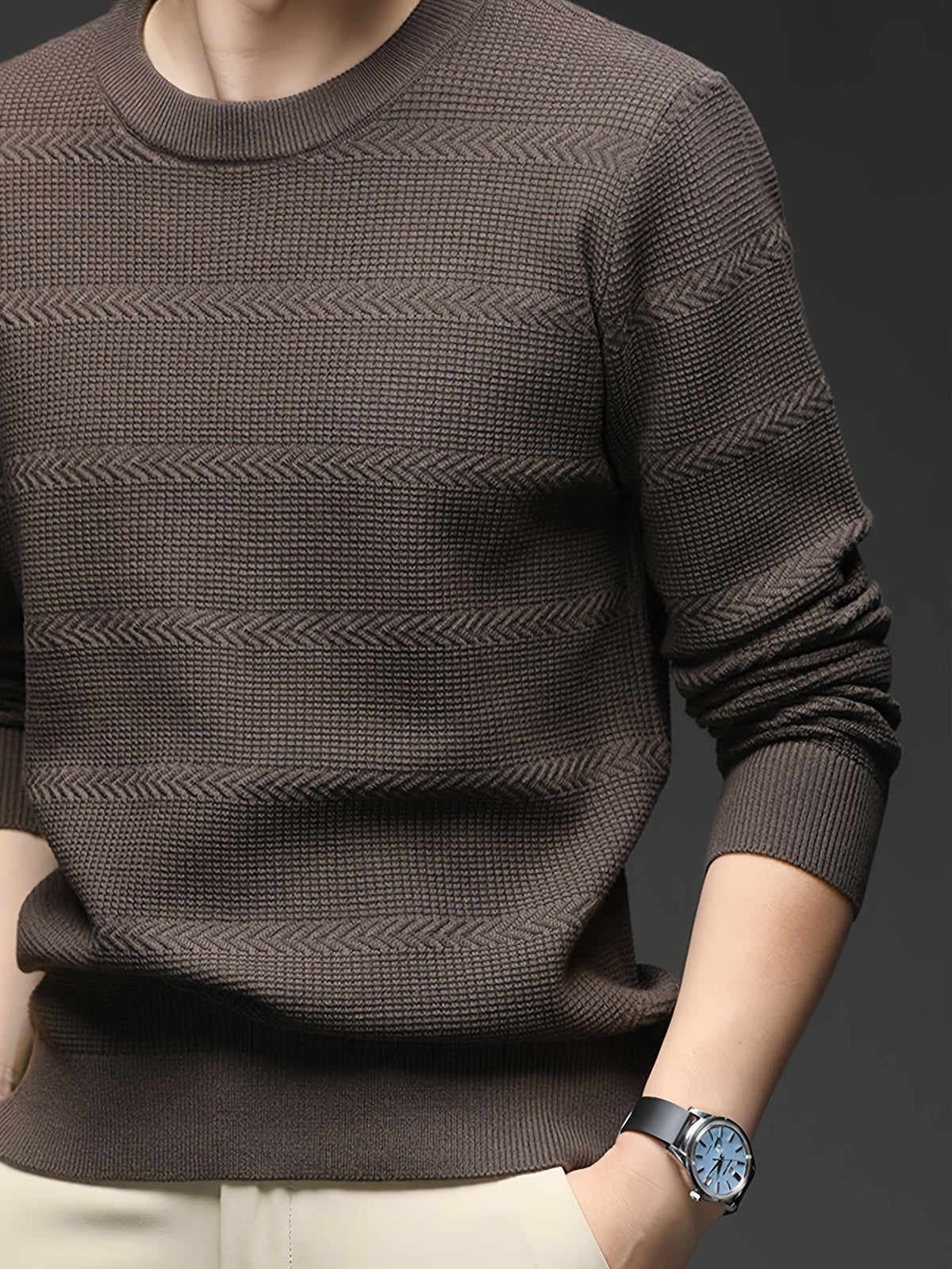 Men'S Round Neck Arrow Jacquard Knit Sweater, Non-Tight Fit, Suitable for Daily Commute And Casual Wear. Layering with Shirt Or Single Wear - SINBOS - Coffee Color