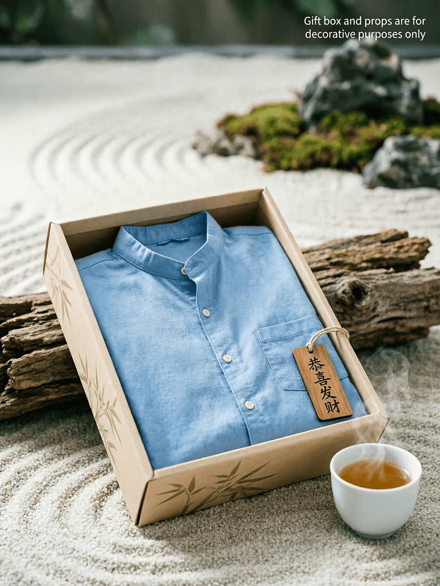 Spring New Men'S Linen Mandarin Collar Long Sleeve Shirt, Neo-Chinese Minimalist Style, Breathable Linen Fabric, Versatile Business Casual, Great Gift for Elders And Boyfriends, 1pc. Gift Box And Props Are for Decorative Purposes Solely - Sky Blue