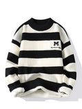 2026 Autumn And Winter Youth Men'S Round Neck Knitted Shirt Multi-Color Splicing Stripe Casual Fashion Versatile Top - Black