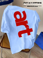 Men'S Fashion Short Sleeve T-Shirt, Minimalist Red Letter Pattern Print, Casual Regular Knit Tee, Suitable for Daily Wear, Couple Style, Unisex, Summer New Arrival, Versatile Style - Light Blue
