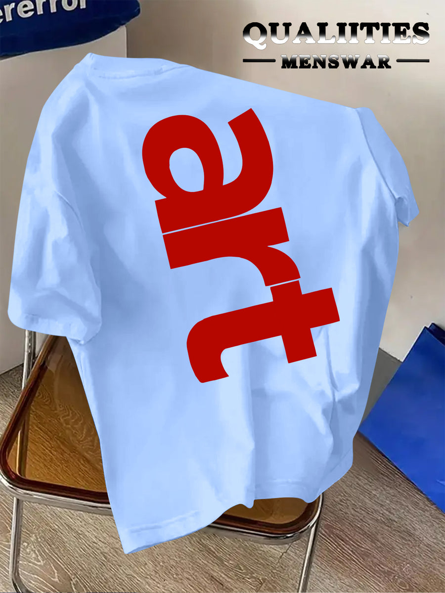 Men'S Fashion Short Sleeve T-Shirt, Minimalist Red Letter Pattern Print, Casual Regular Knit Tee, Suitable for Daily Wear, Couple Style, Unisex, Summer New Arrival, Versatile Style - Light Blue