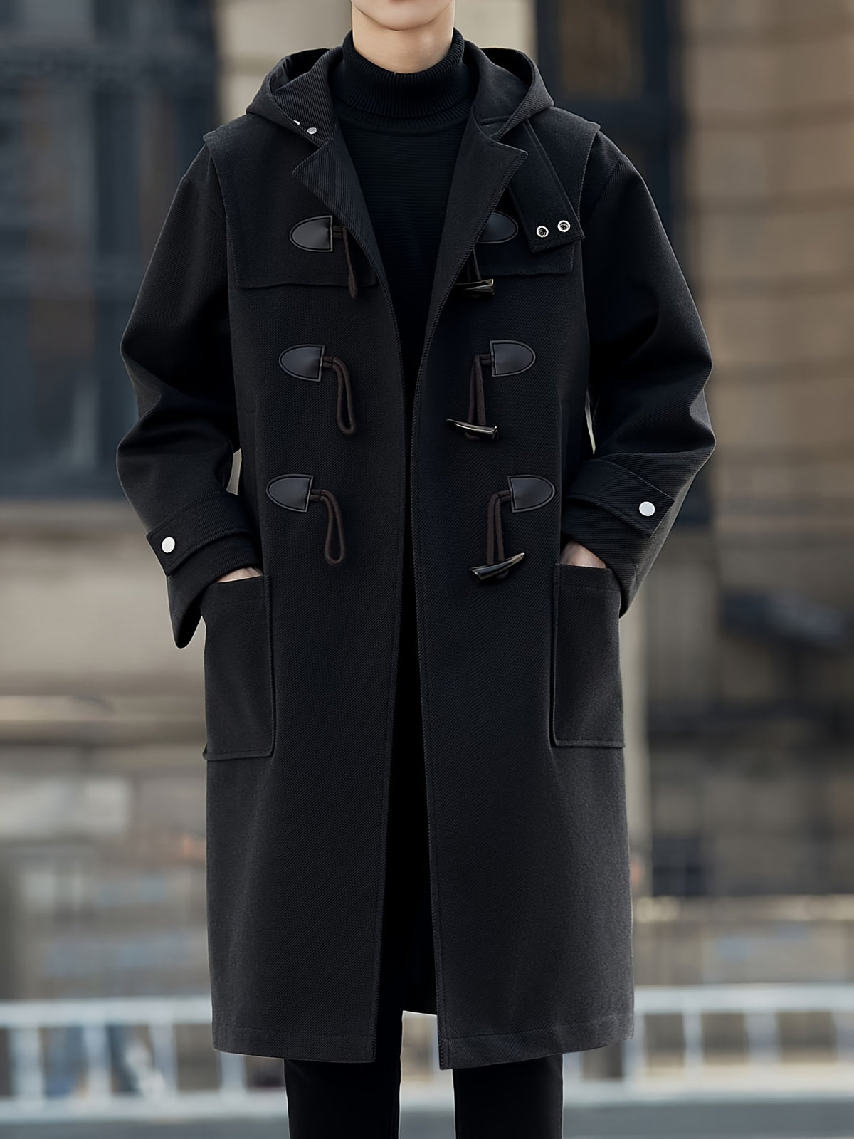 New Autumn Winter Men'S Mid-Length Horn-Button Trench Coat Men'S Solid Color Blend Hooded Overcoat - Black