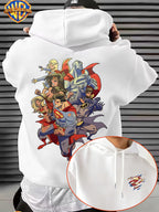 Warner Bros. DC Superhero Group Pose Multi-Character Collaboration Hot-Blooded Comic Style Cool Print Men's Fashion Hooded Sweatshirt, Sleeve Print Design, Kangaroo Pocket, Drawstring Hood, Suitable for Daily Wear and Outdoor Sports, an Excellent - White