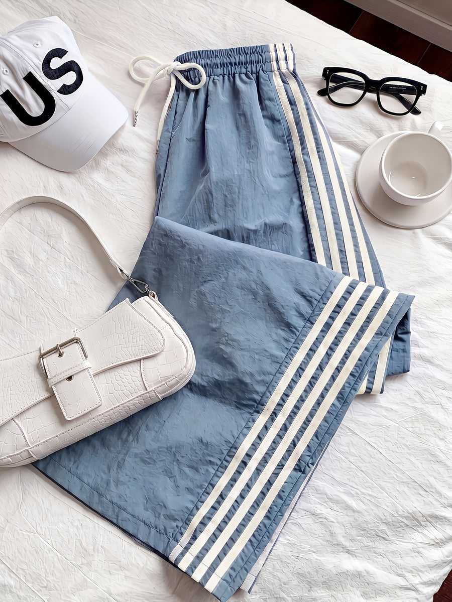 Reading Week Apparel, Back-to- Season, One Pair of 2026 Spring/Summer New Style Casual Sporty Fashionable Comfortable and Beautiful Women's Long Pants with Contrast Color and Drawstring Waist, Suitable as a Holiday Gift for Women's Clothing - Sky Blue