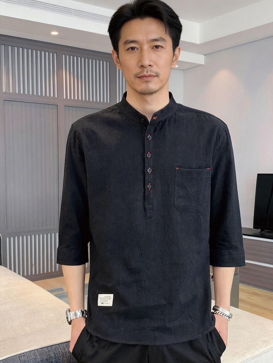Vintage Henley Collar Half-Button Short Sleeve Shirt with Open Front Design, Side Pocket Detail, Suitable for Daily Commute, Outings, And Casual Business Wear, Easy Solid Color Pullover Casual Shirt. Thin Breathable Casual 3/4 Sleeve Top - Black