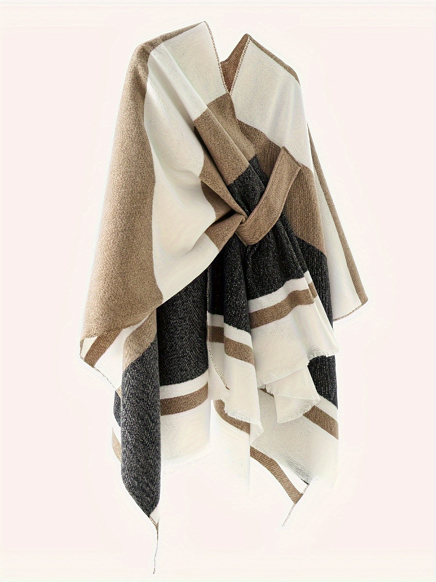 Women's Fashion Classic Striped Color Block Pattern Autumn and Winter Windproof Buttoned Travel Wrap Coat - Black