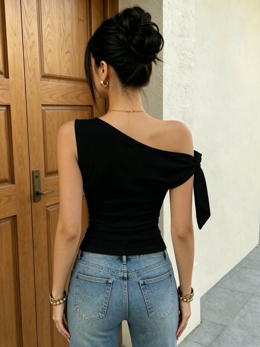BK1126075 Women's Off-Shoulder Tie-Up Sleeveless Asymmetrical Neckline Slim-Fit Summer Top - Black