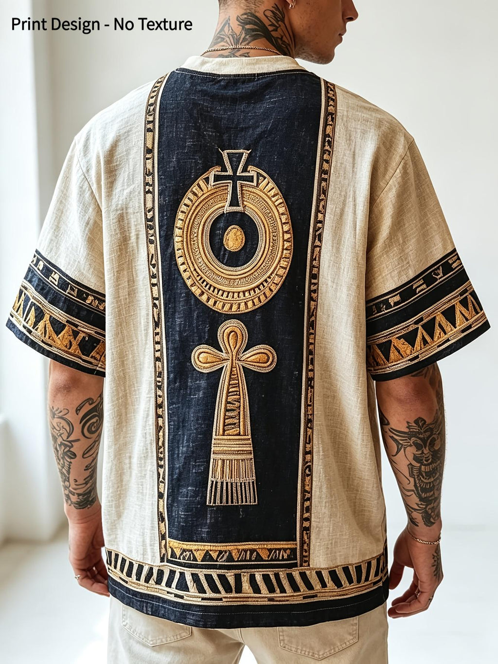 [Print Design - No Texture] Egyptian Totem Print T-Shirt - Full Pharaoh Vintage Color Block - Lightweight and Breathable Short Sleeve - Summer Casual Sporty Top, Vintage Ethnic Style, Maximalist European and American Men's Printed T-Shirt - Mixed colors