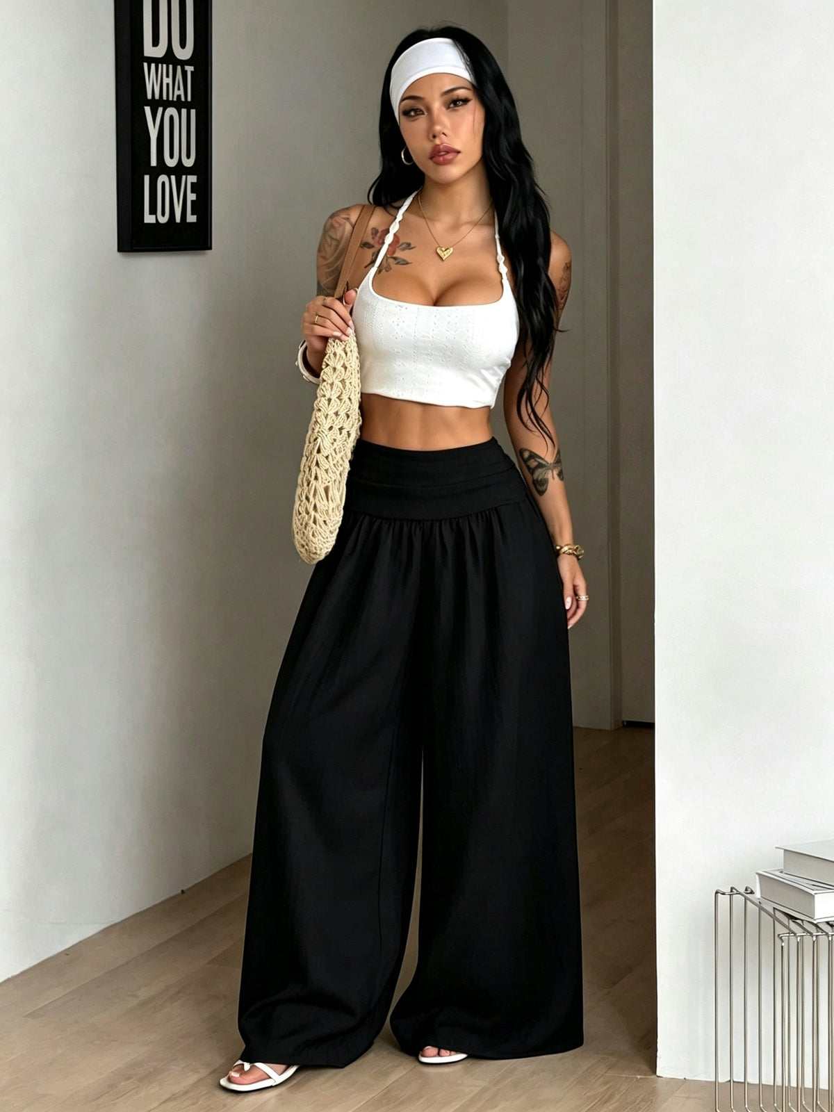 Women's Autumn/Winter Elegant Casual Vacation Solid Color Loose Textured Wide-Leg Pants - Black