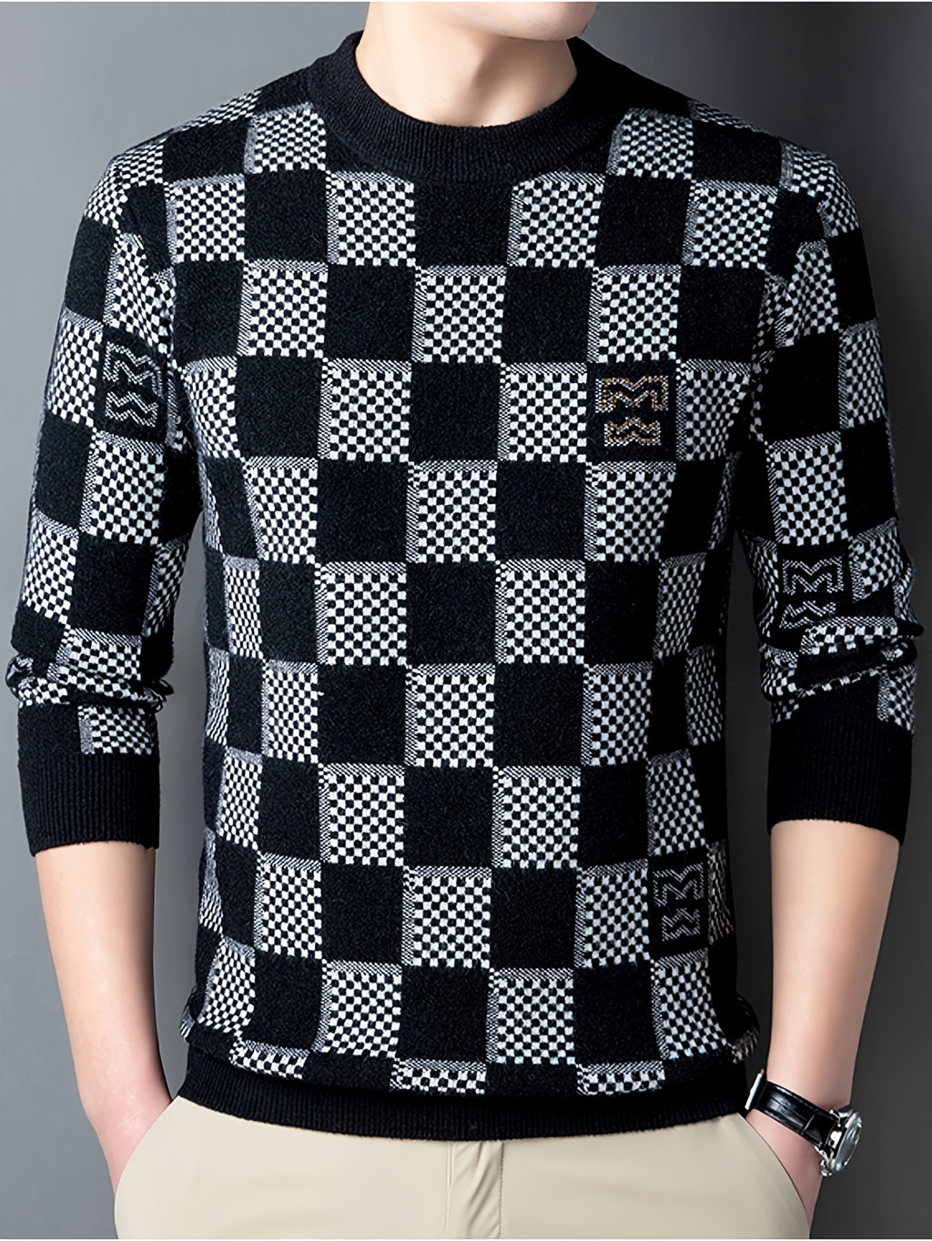 Men'S Sweater Pullover, Autumn Winter New Thick Warm Knit Top, Sequined Plaid Color-Block Men'S Shirt, Men'S Clothing 24709 - White
