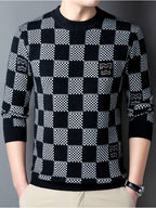Men'S Sweater Pullover, Autumn Winter New Thick Warm Knit Top, Sequined Plaid Color-Block Men'S Shirt, Men'S Clothing 24709 - White