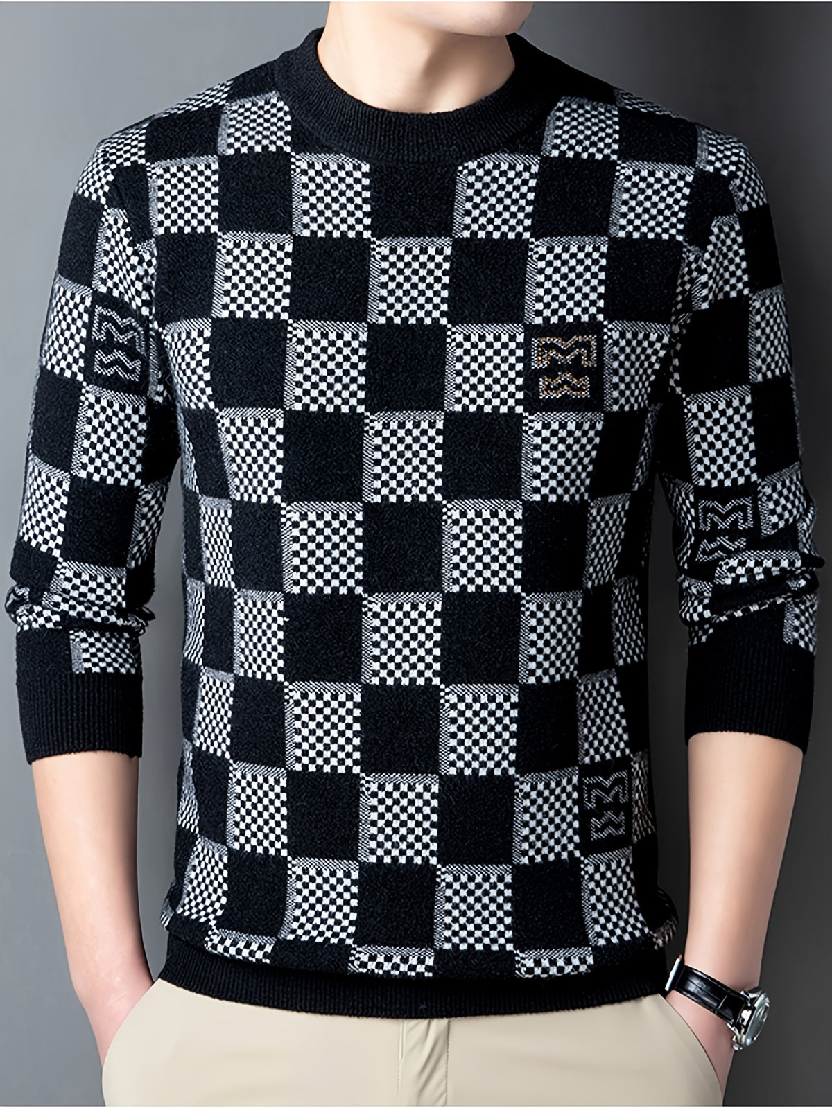 Men'S Sweater Pullover, Autumn Winter New Thick Warm Knit Top, Sequined Plaid Color-Block Men'S Shirt, Men'S Clothing 24709 - White