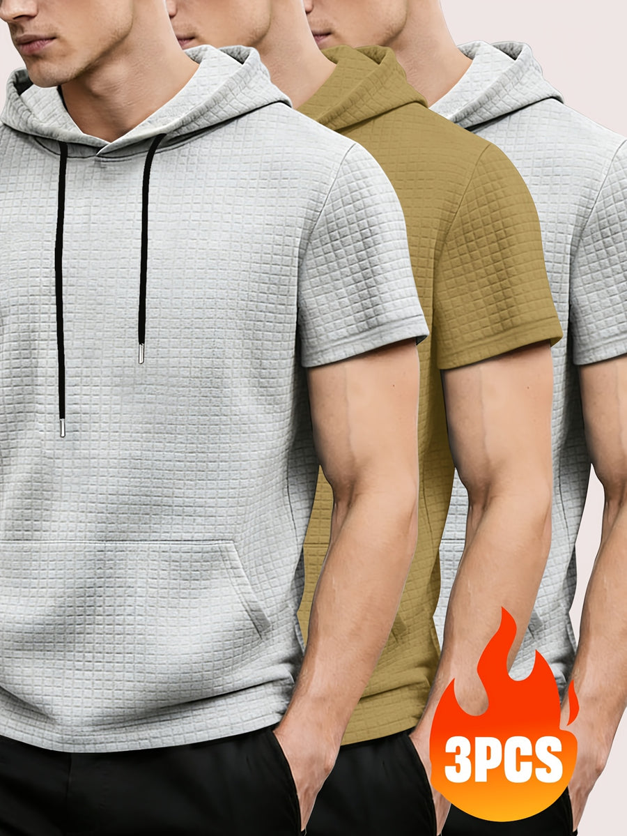 3pcs Men's Waffle Knit Short Sleeve Hoodie with Kangaroo Pocket, Soft and Breathable Fabric, Multiple Color Options, Versatile for Daily Wear, Simple and Stylish Casual Sportswear, Suitable as Matching Family Outfits, Great Choice for Gifts - Gray + Khaki + Gray
