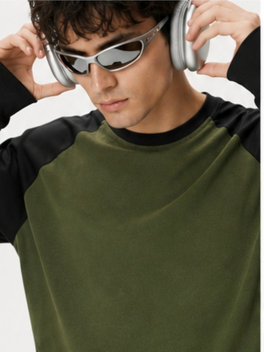 Men'S Long Sleeve Round Neck T-Shirt, a Versatile Color-Block Pullover Top, Men'S Work And T-Shirt, Men'S Top, Casual Work Scene Wear, Applicable for Work Scenes - Black Sleeves + Army Green