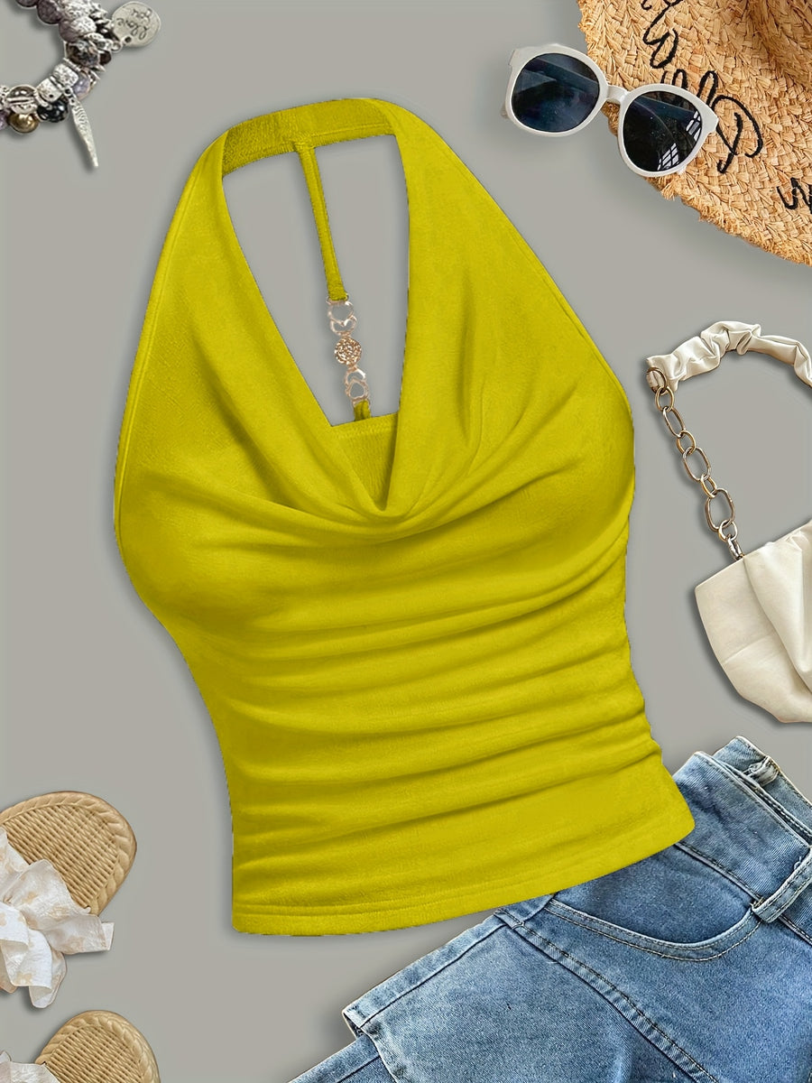 White Halter Neck Strapless Tank Top, Women's Solid Color Sexy Sleeveless Outerwear Top - Matcha Color