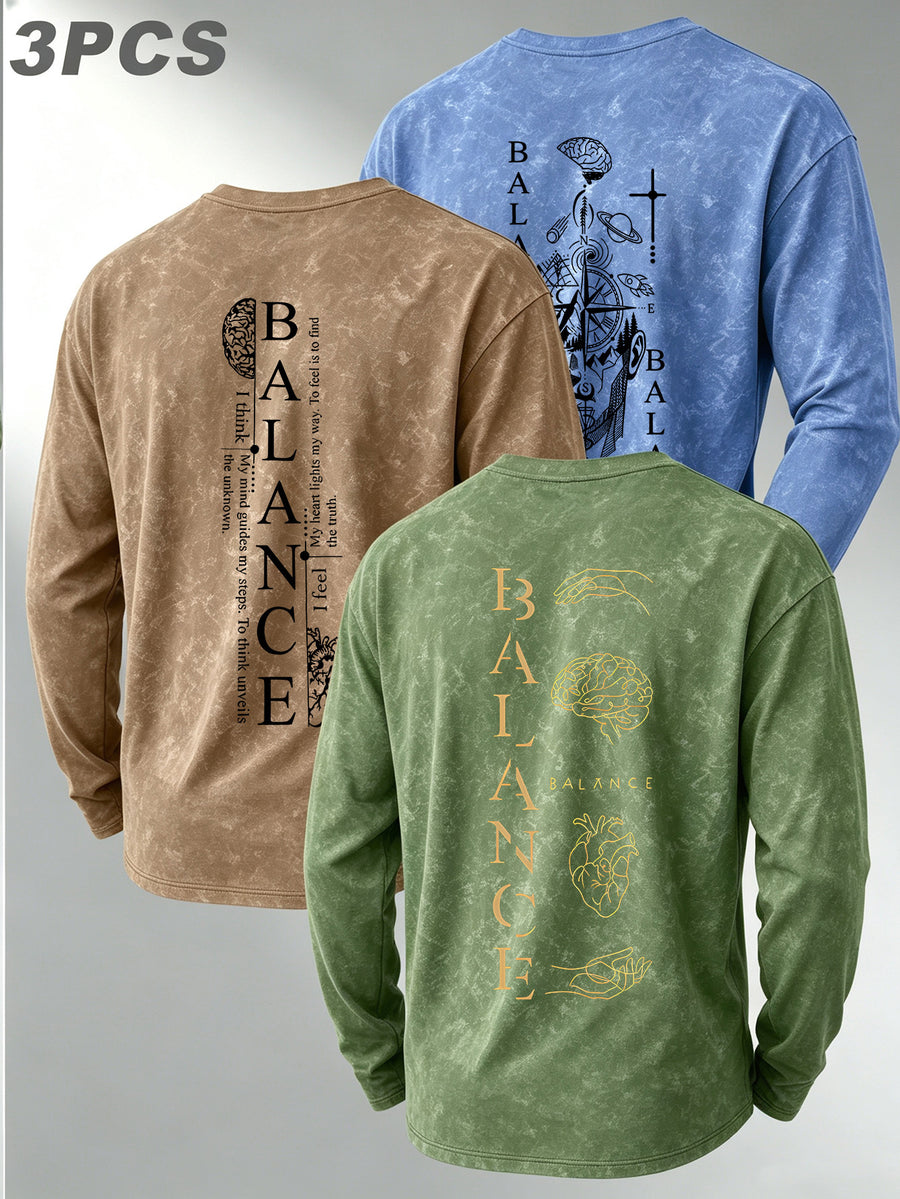 Versatile Basic 3pcs Set Distressed Long-Sleeve Men's Washed Crew Neck Daily Commute Casual Long-Sleeve Top - Green+Khaki+Light Blue