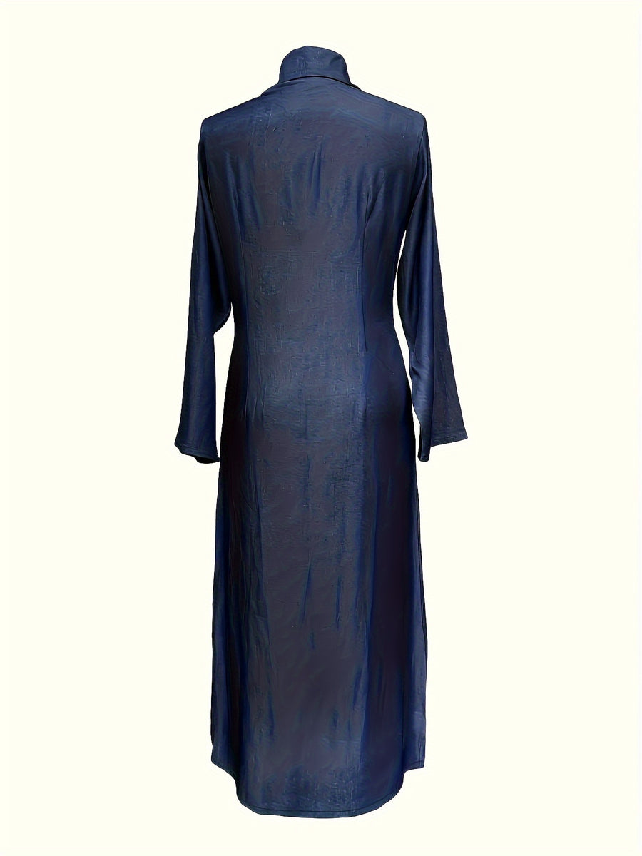 European And American Women'S Clothing, Elegant, Fashionable, Neutral Style, Long-Sleeved Lapel Cardigan, Solid Color, Long Dress - Navy Color