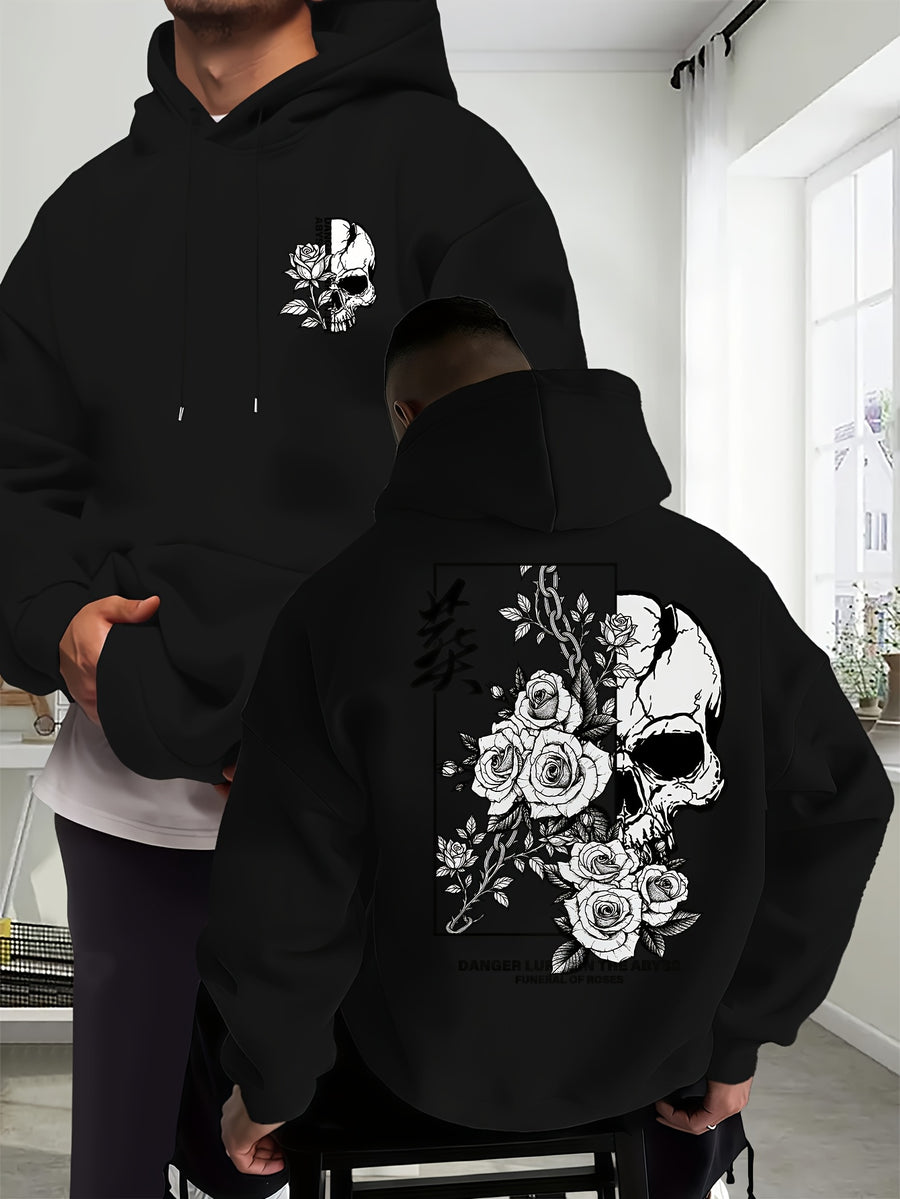 New Trendy Men'S Autumn And Winter Hooded Sweatshirt, Casual Everyday Drawstring Hoodie with Creative Design Print, Kangaroo Pouch Front Pocket, Unisex Tops - Black