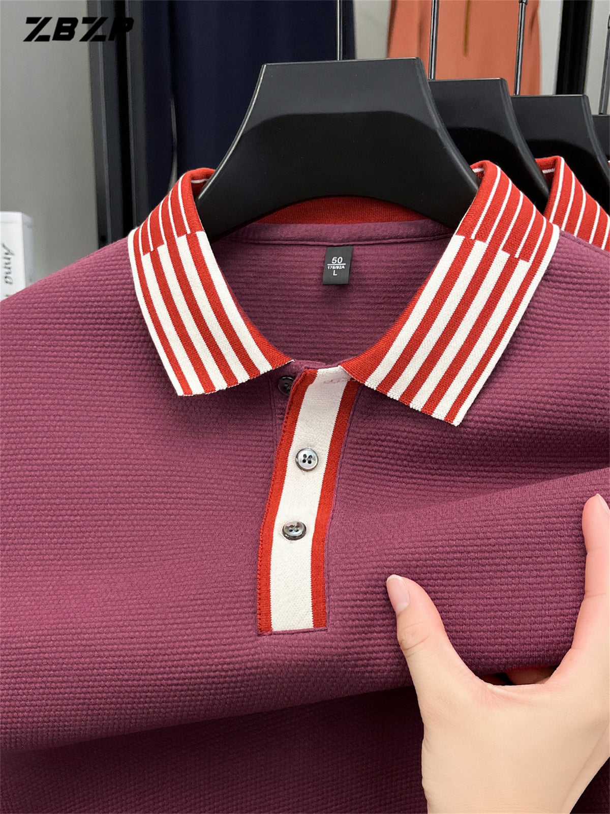 ZBZP New Spring, Autumn, Winter Men's Long Sleeve Polo Shirt, Lapel Pullover, Simple Business Casual High-End Breathable Long Sleeve T-Shirt, Men's Apparel DR - Rose Red