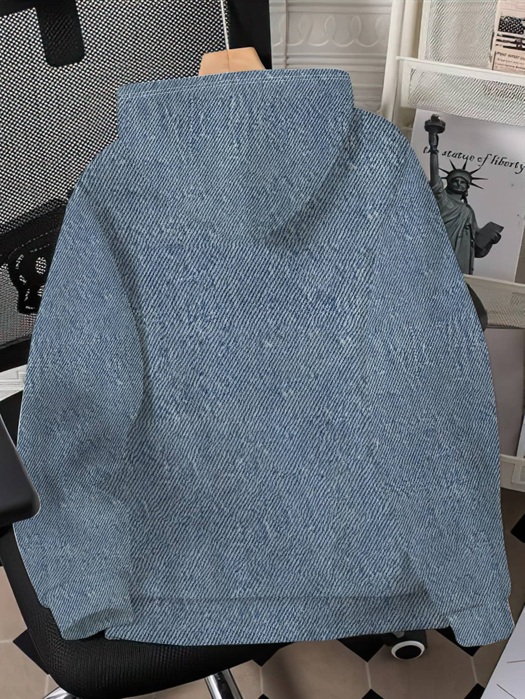 Retro Distressed Style Faux Two-Piece Hooded Sweatshirt, Faux Denim Texture Design with Furry Letter Print, Street Trendy Individual Pullover Top - Mixed colors