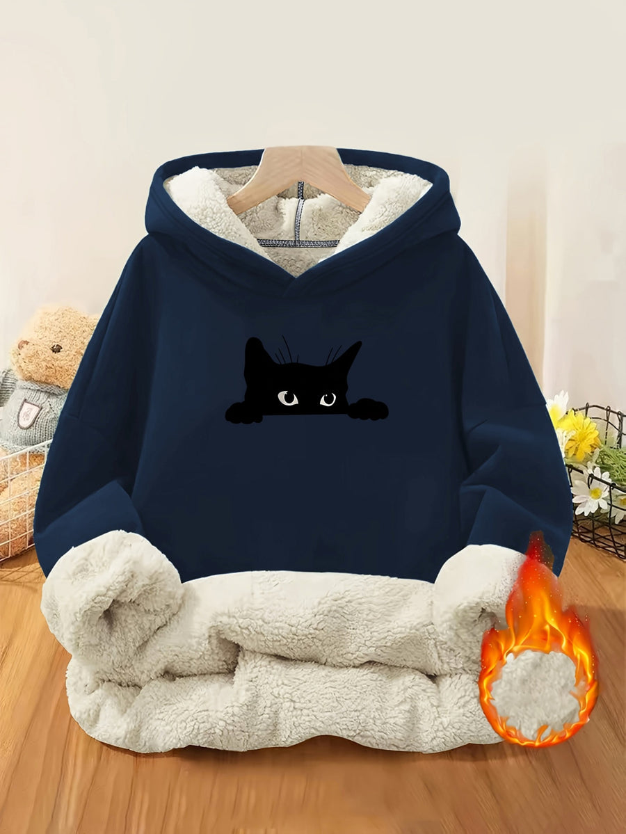 Women's -Lined Thermal Printed Hooded Sweatshirt, Heavyweight Thickened Warm Skin-Friendly Plush Lining, Peeking Little Black Cat Print, for,, Office Workers, Home, Strolling, Shopping, Outings, Gentle, Casual, Versatile, Cold-Proof and Warm Hoodie - Royal Blue