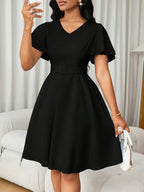V-neck A-line Skirt, and Figure-hugging, with Ruffled Short Sleeves and a Belt, Mid-length Dress, Elegant and Graceful for Dates, Commuting, and Daily Wear - Black