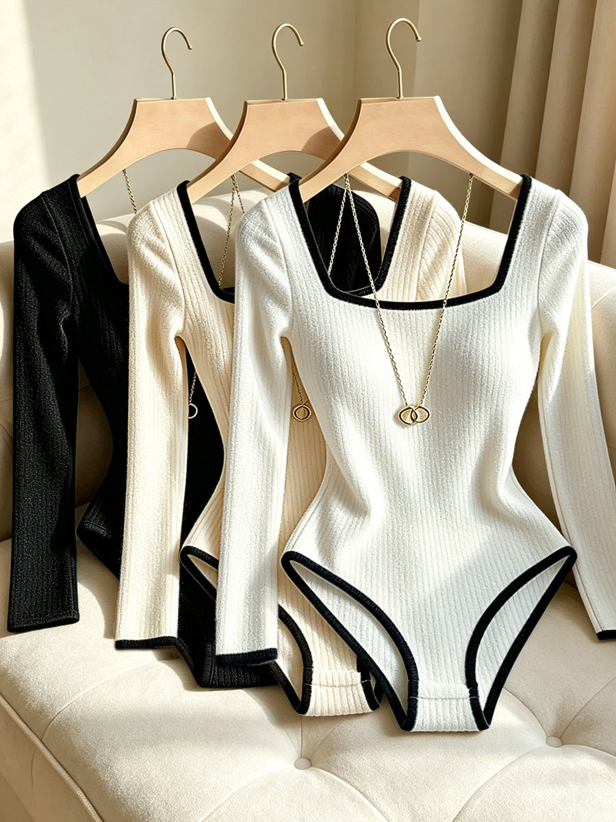 3pcs Women'S Elegant Square Neck Contrast Back Tight Jumpsuit, Brushed Ribbed Long Sleeve Top - Black+apricot+white