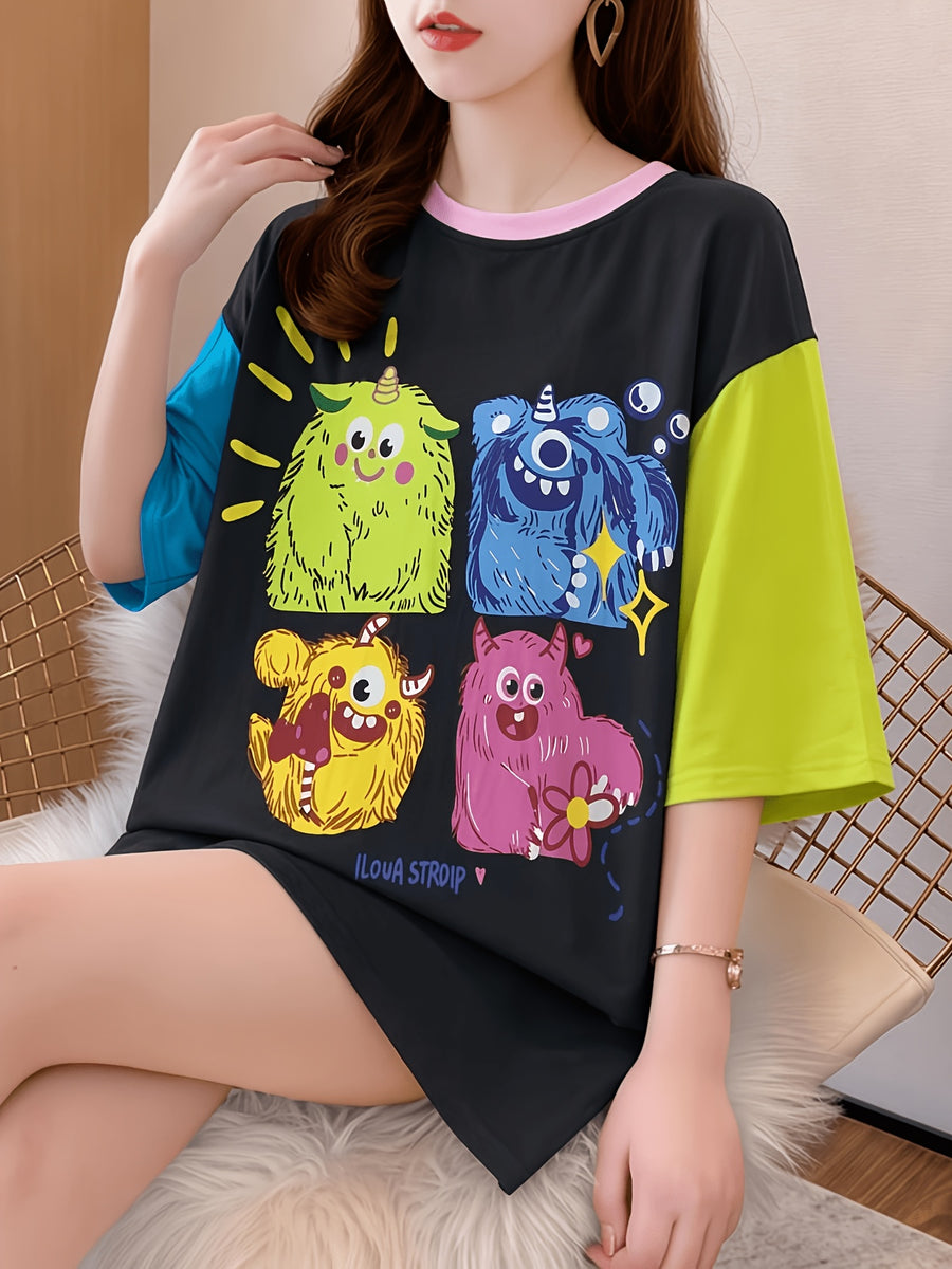 Summer New Large Size Loose Fashion Trend Slim Cartoon Round Neck Print Ladies Women's Medium and Long Short-sleeved T-shirt Clothes - K149-B