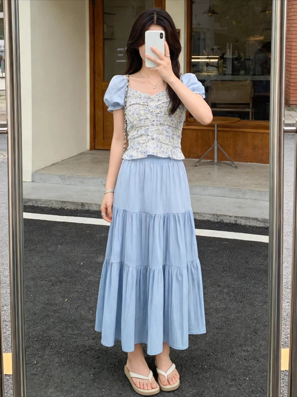 Gentle Style Half Skirt Women'S Casual Elegant Commute Drape Cake Dress Long Skirt - Sky Blue