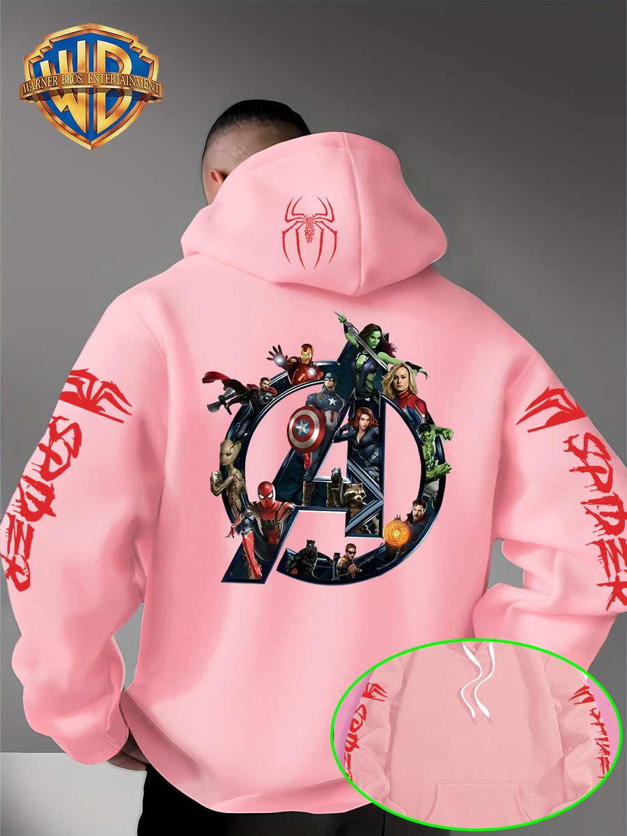 Men'S Trendy Fall Hoodie, American Superhero Collection Print Hooded Sweatshirt, Unisex Loose Street Style Casual Top. Casual Daily Style with Drawstring Design, Long Sleeve Knit Sweater, Machine Washable, Perfect for Casual, Athletic - Pink