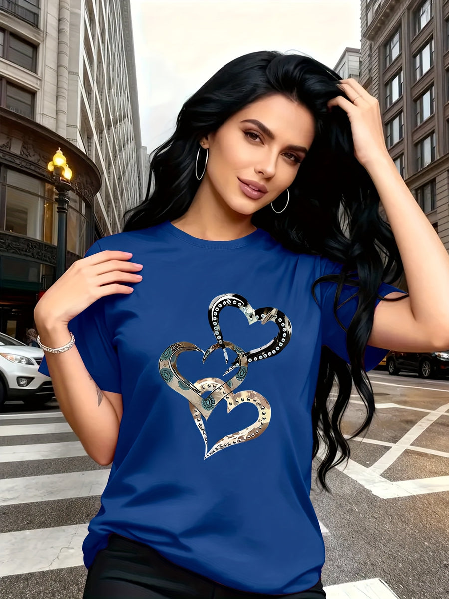 Emotion and Love" Representative, Metallic Art Heart Print Trendy Fashion, Simple Round Neck Casual Versatile Short Sleeve Women's T-Shirt for Leisure, Travel, and Vacation - Blue
