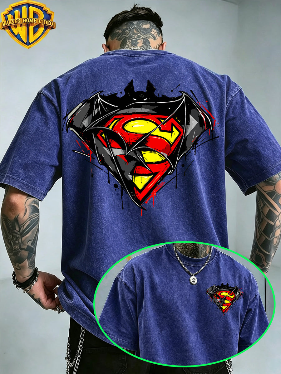 Warner Bros. Exclusive License, Hip-Hop Street DC Superman Batman Logo Print Design Men'S Summer Loose Round Neck Commuter Short Sleeve T-Shirt, Multi-Style, Loose Fit, Suitable for Summer Wear, Suitable for Outdoor Activities, Fitness, Parties - Royal blue color