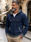Autumn/Winter Men's Thickened Jacquard Long-Sleeve Hooded Cardigan Jacket, Fashionable Plaid Jacquard Textured Fabric, Comfortable Outerwear Suitable for Daily Outings, Outdoor Sports, Travel, and Vacations. Lightweight and Comfortable with a Regular - Navy Color