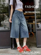 Women's Straight-Leg Jeans, Summer Lightweight Vintage High-Waist Loose-Fit Plus-Size Over-the-Knee Wide-Leg Capri Pants, Trendy - Blue