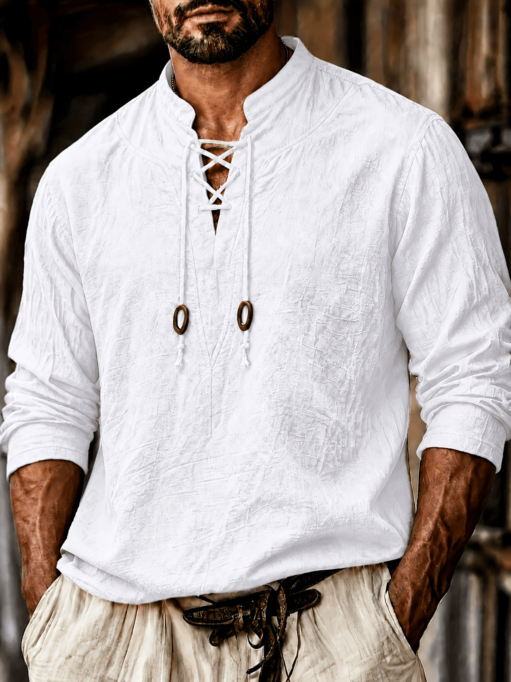 Men'S Vintage-Style Long-Sleeve Shirt with Tie Details - Medieval Style, Breathable And Machine Washable, Suitable for Spring And Summer Outdoor Activities. Men'S Vintage Tie-Front Shirt, Suitable for Renaissance, Viking, And Medieval Costumes - White