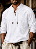 Men'S Vintage-Style Long-Sleeve Shirt with Tie Details - Medieval Style, Breathable And Machine Washable, Suitable for Spring And Summer Outdoor Activities. Men'S Vintage Tie-Front Shirt, Suitable for Renaissance, Viking, And Medieval Costumes - White