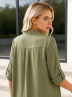 Women's V-neck Loose Fit Casual Spring/Autumn Long Sleeve Solid Color Shirt, Drop Shoulder Sleeves, Fashionable Vintage Simple Versatile Women's Clothing - Matcha Color
