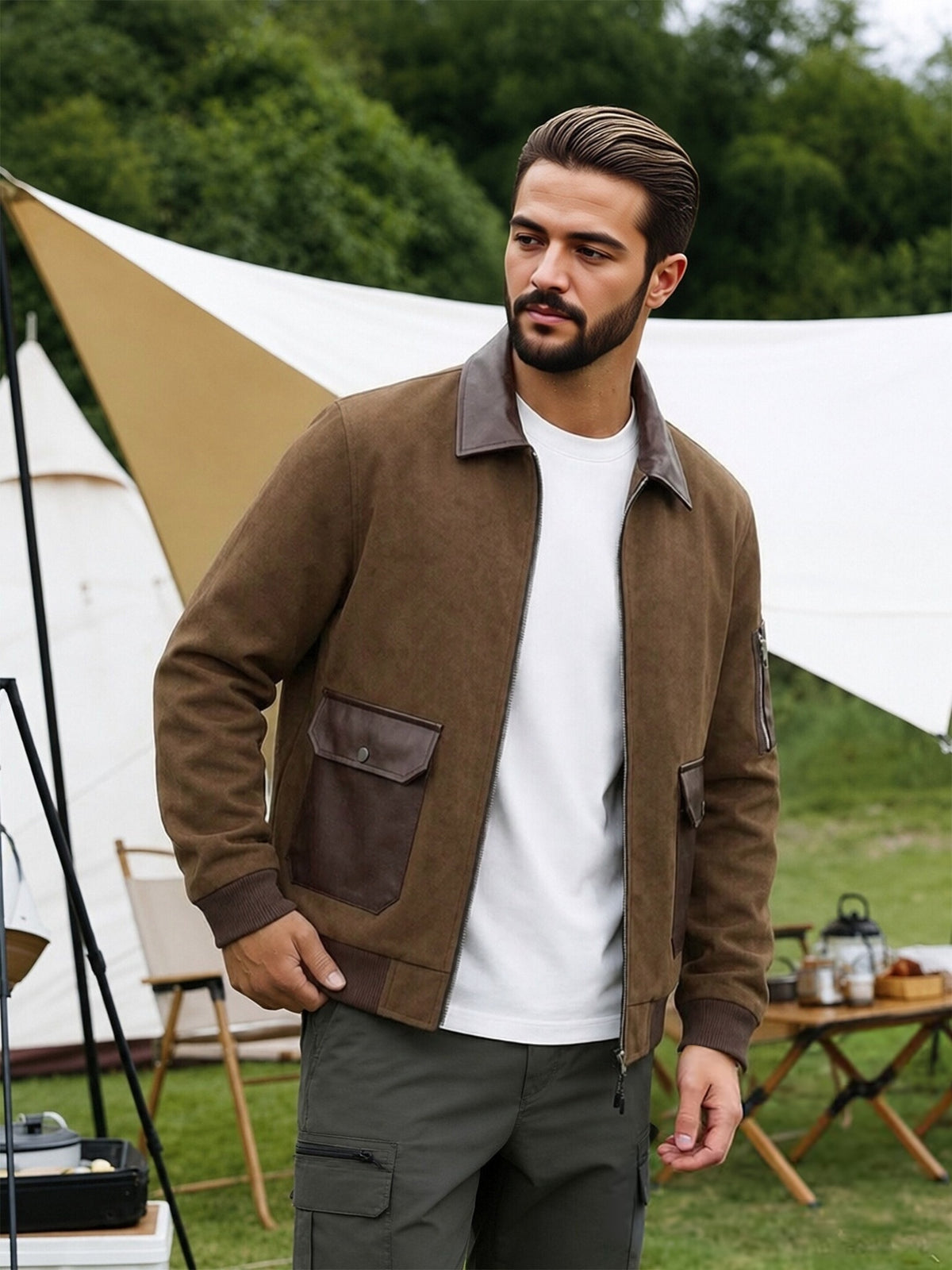 EXARUS American Retro Men'S Lapel Jacket, Patchwork Cargo Zipper Coat, Western Street Trendy Top. Delicate Contrast Color Pockets, Chest Button-Up Pouch And Arm Zippered Sleeve Pockets, Brown And Gray Available, Loose Fit - Light Brown-1
