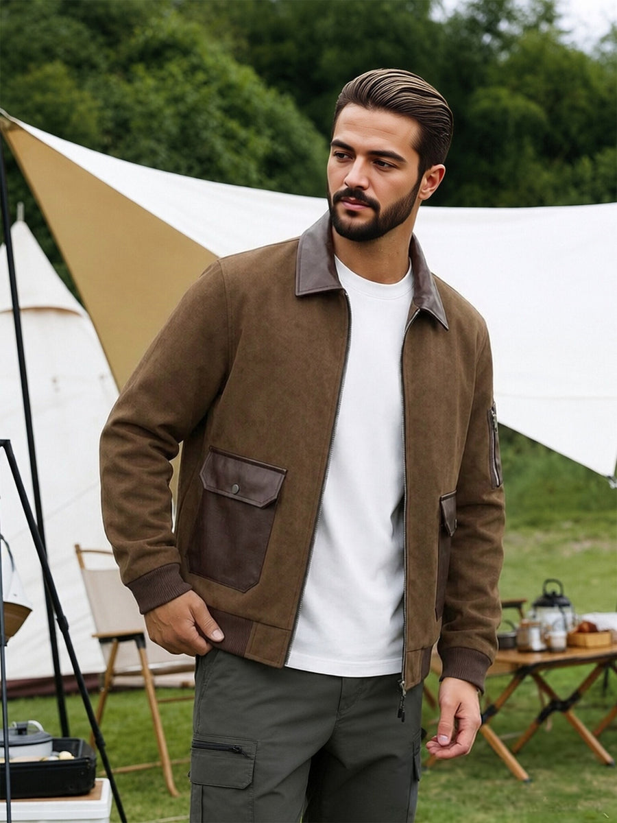 EXARUS American Retro Men'S Lapel Jacket, Patchwork Cargo Zipper Coat, Western Street Trendy Top. Delicate Contrast Color Pockets, Chest Button-Up Pouch And Arm Zippered Sleeve Pockets, Brown And Gray Available, Loose Fit - Light Brown-1