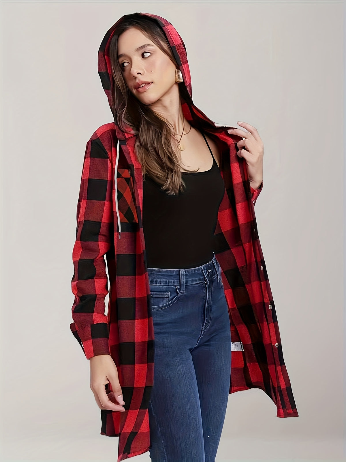 Elegant Women's Long Hooded Plaid Shirt with Hood and Pocket Design, Beautiful Buttons, Breathable Twill Plaid Fabric, Perfect for Spring and Autumn Daily Outings and Outdoor Leisure - Red And Black Grid