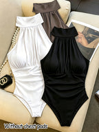3pcs Set Autumn/Winter Temperamental Sexy Bodysuit for Women, Comfortable, Breathable, Simple, Versatile, Form-Fitting Bodysuit Top, Casual, Fashionable, Commuter Base Layer Bodysuit, Without Breast Padding - Black+white+coffee Color