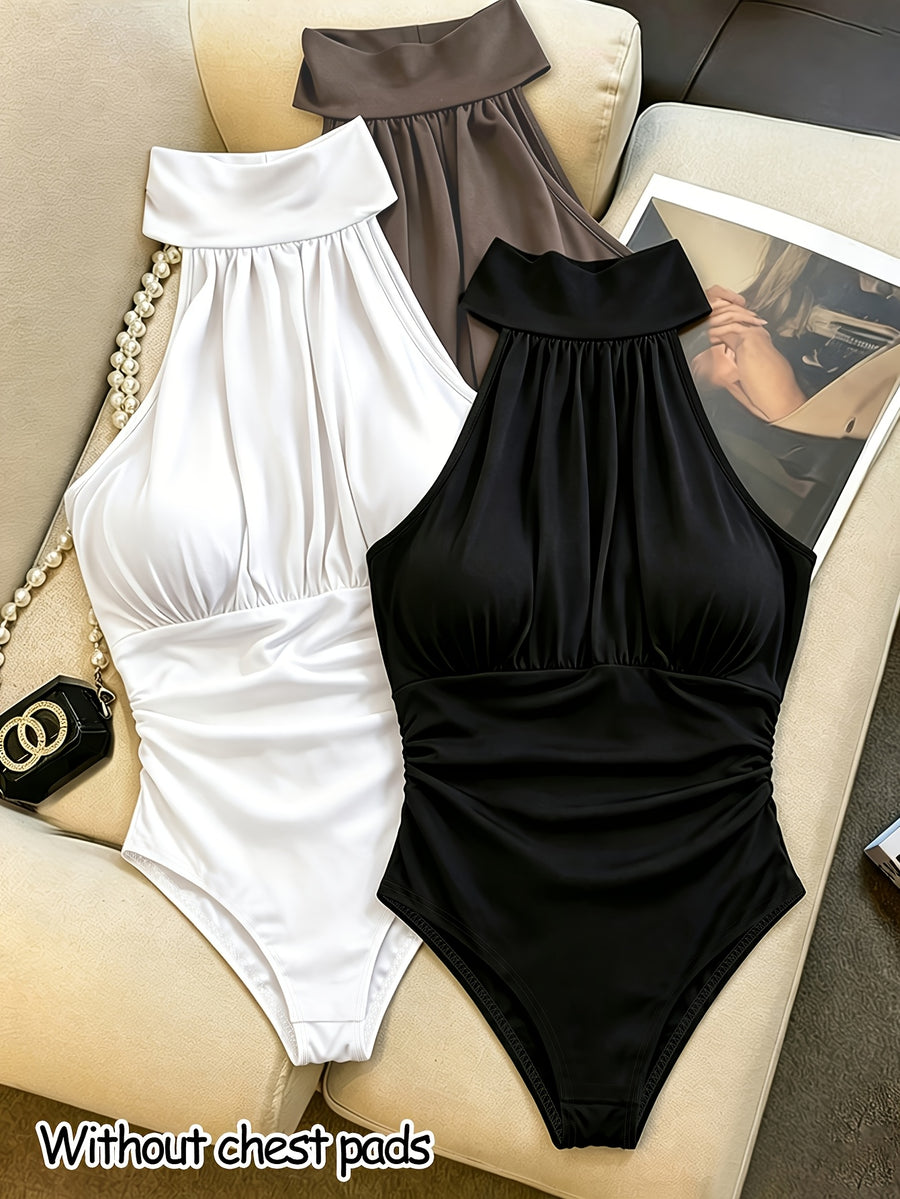 3pcs Set Autumn/Winter Temperamental Sexy Bodysuit for Women, Comfortable, Breathable, Simple, Versatile, Form-Fitting Bodysuit Top, Casual, Fashionable, Commuter Base Layer Bodysuit, Without Breast Padding - Black+white+coffee Color