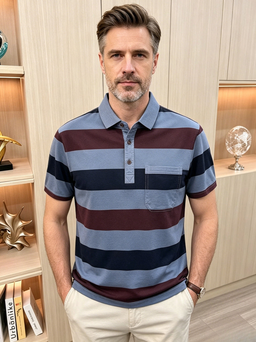 Men's Summer Striped Polo Shirt, Washed with Enzyme Process, Pearl Cotton Short Sleeve T-Shirt, Middle-Aged Business Casual Dad Style - Bright Steel Blue