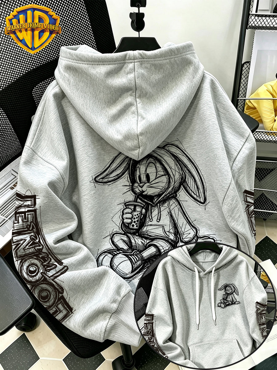 [Warner Bros] Licensed Men'S New Trendy Hoodie Sitting Drinking Milk Tea Rabbit Pattern Print Casual Hoodie, Daily Drawstring Loose Pullover Top, Machine Washable All-Match Sports Casual Men'S Top - Light Grey