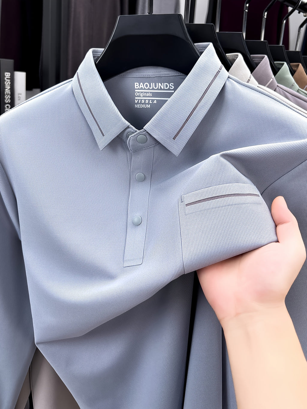 Autumn New Arrival Men's Fashion Long-Sleeve Polo Shirt, Versatile Casual Button- Lapel Seamless Men's Long-Sleeve Top, Suitable for Business Casual Outings, Dates, and Walks, an Essential Top for Casual Attire - Light Blue
