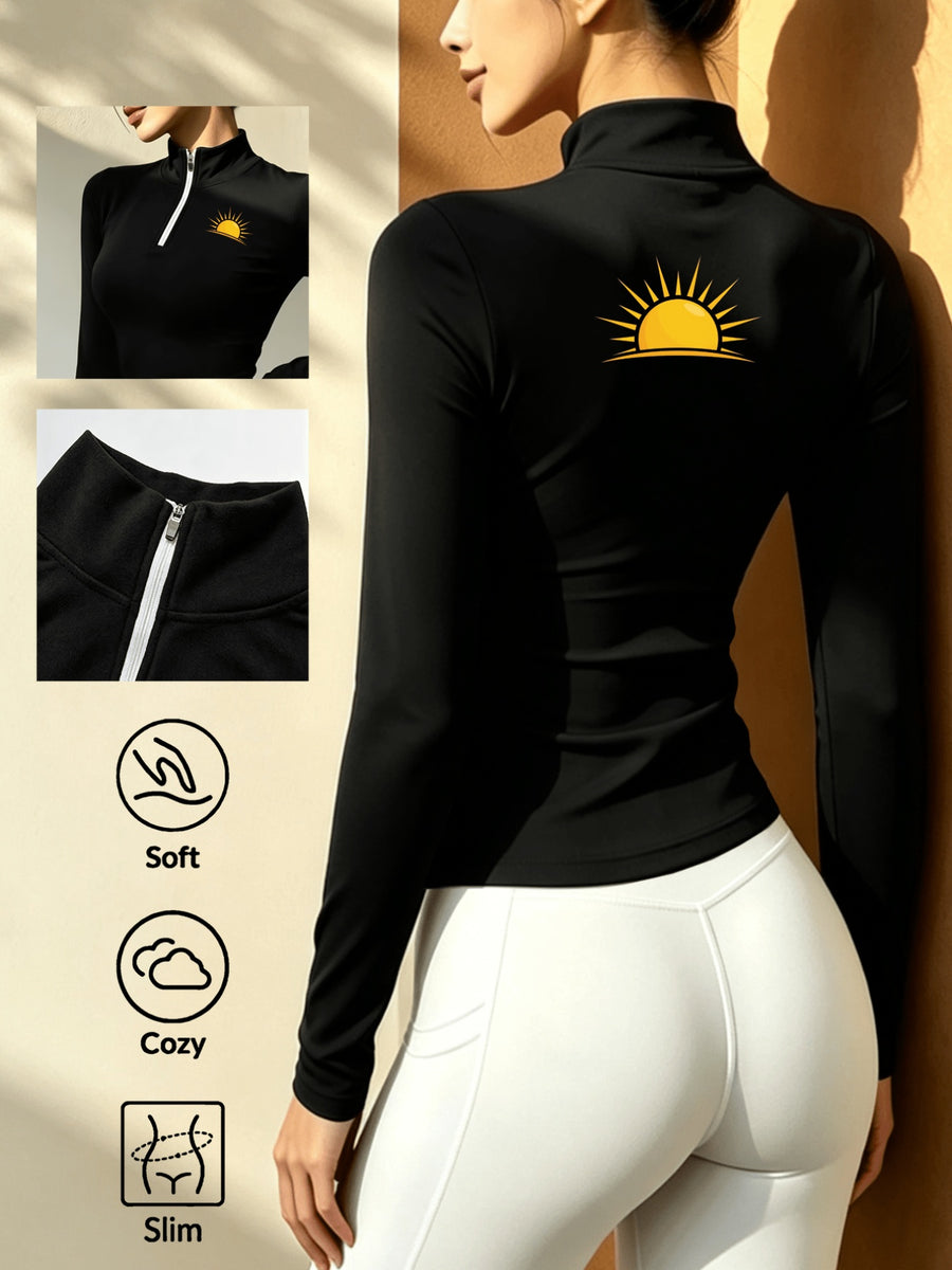 Women'S Solid Color Half-Zipper Long Sleeve Top, Waist-Cinching Warm T-Shirt - Black