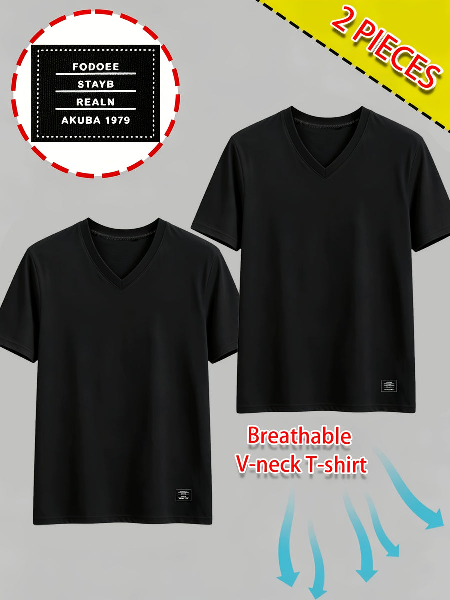 2pcs Men's 100% Cotton V-Neck T-Shirt - Breathable Short-Sleeve Solid Color Basic Tee Suitable for Summer Gym, Outdoor Sports & Casual Wear, Non-Stuffy Machine Washable Pure Cotton Shirts for Fitness and Everyday Activities - Black