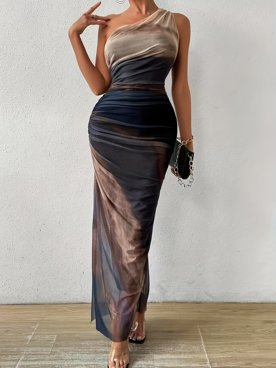 Women's Sexy One-Shoulder Bodycon Evening Gown - Gradient Color Ombre Long Dress with Side Slit, High Elasticity Formal Party Dress for Weddings & Galas, Galaxy Event Fashion | Sleek Silhouette - Light Grey