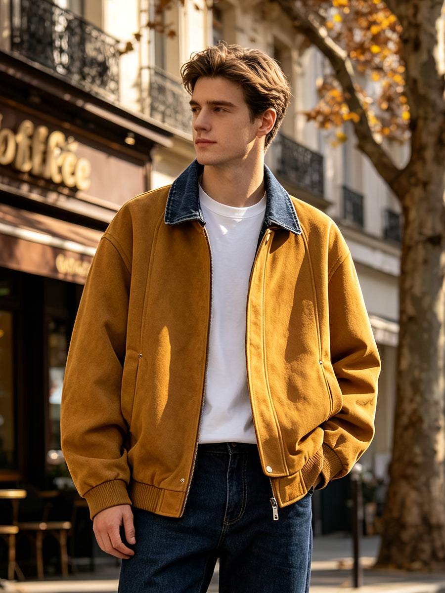 Men's American Vintage Style with Full Atmospheric Vibe! Denim Collar with Color-block Patchwork, Loose Drop-shoulder Fit for a Slimming and Versatile Look, the Perfect Streetwear Top Coat for Autumn and Winter. Trachten Jacket - ginger-colored